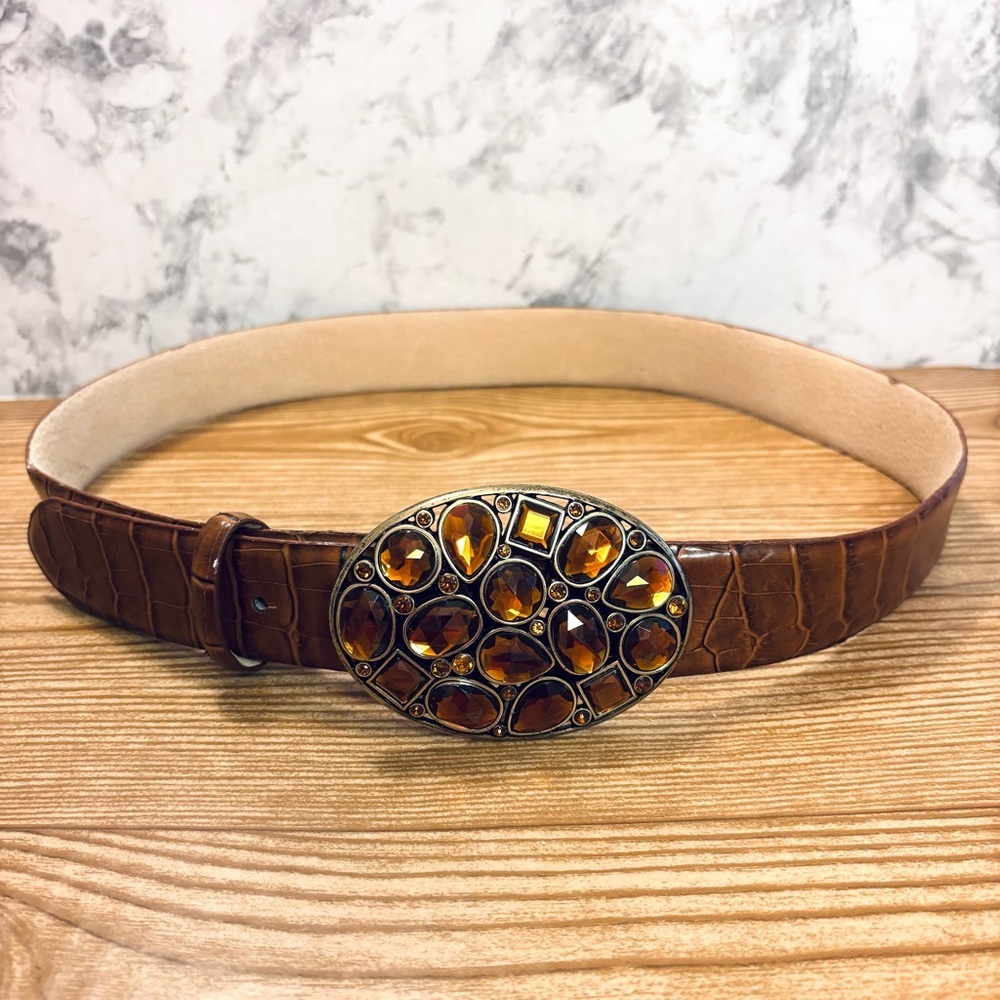 Brown Croc Embossed Leather Lined Belt with Jeweled Large Belt Buckle